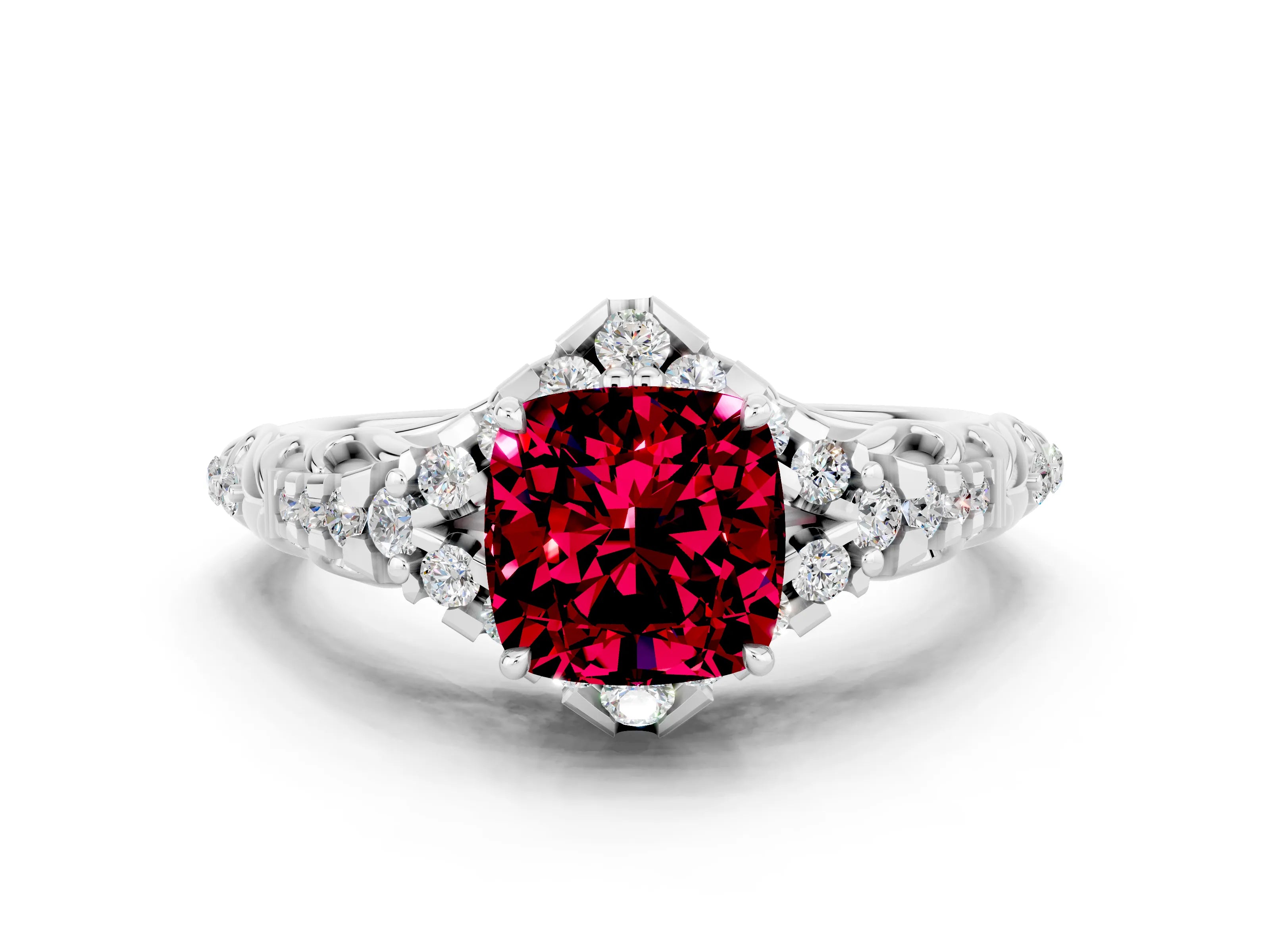 White gold Cushion Cut Garnet Solitaire Ring with Hidden Halo and Pavé Band_12