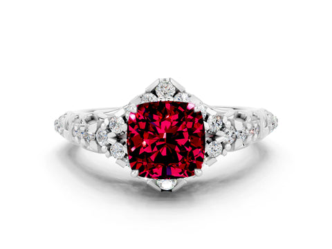 White gold Cushion Cut Garnet Solitaire Ring with Hidden Halo and Pavé Band_12