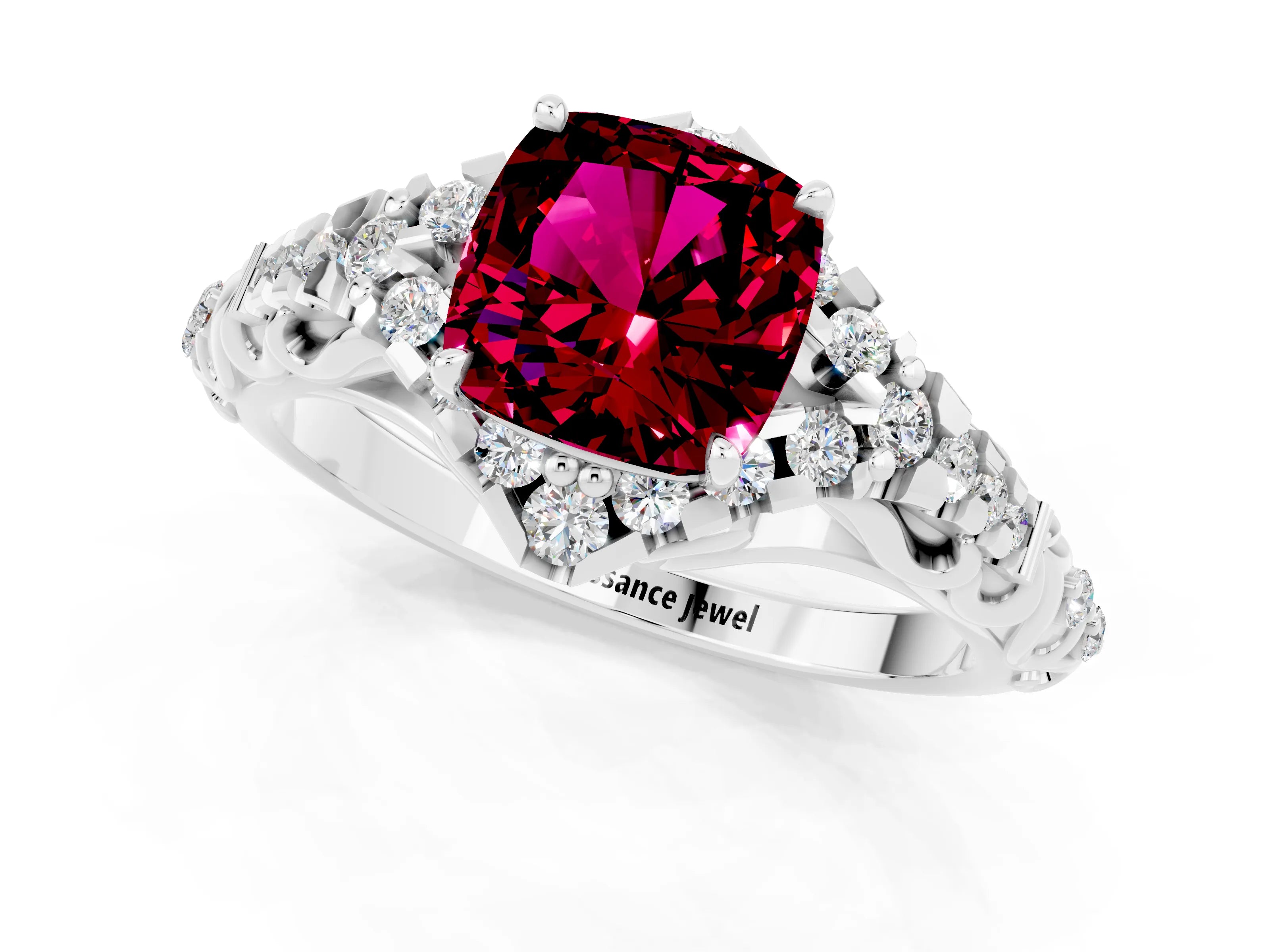 White gold Cushion Cut Garnet Solitaire Ring with Hidden Halo and Pavé Band_13