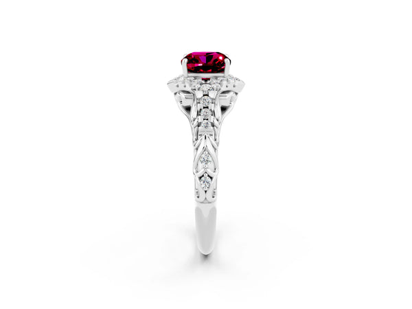 Platinum Cushion Cut Garnet Solitaire Ring with Hidden Halo and Pavé Band