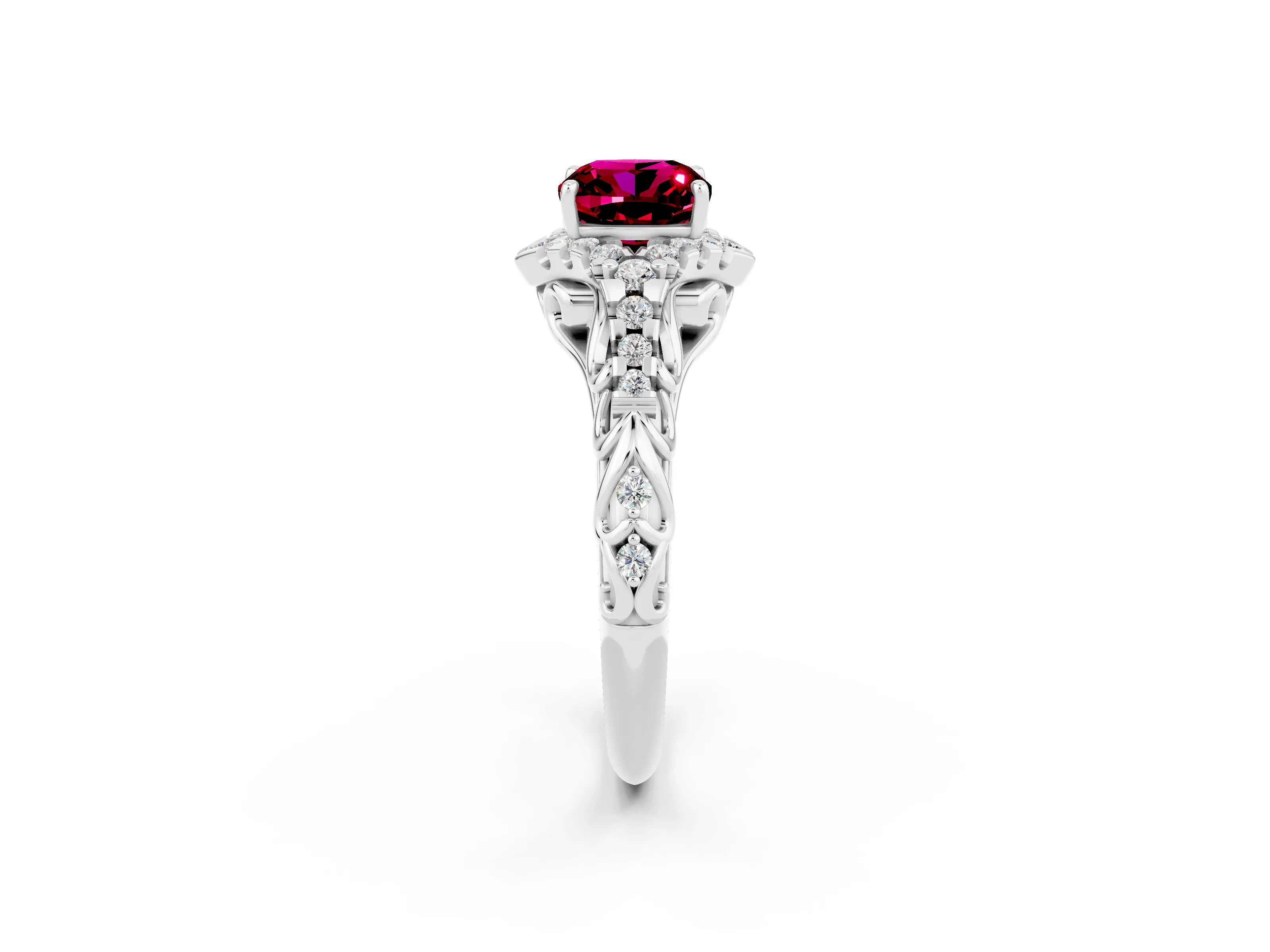 White gold Cushion Cut Garnet Solitaire Ring with Hidden Halo and Pavé Band_14