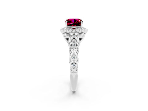 White gold Cushion Cut Garnet Solitaire Ring with Hidden Halo and Pavé Band_14