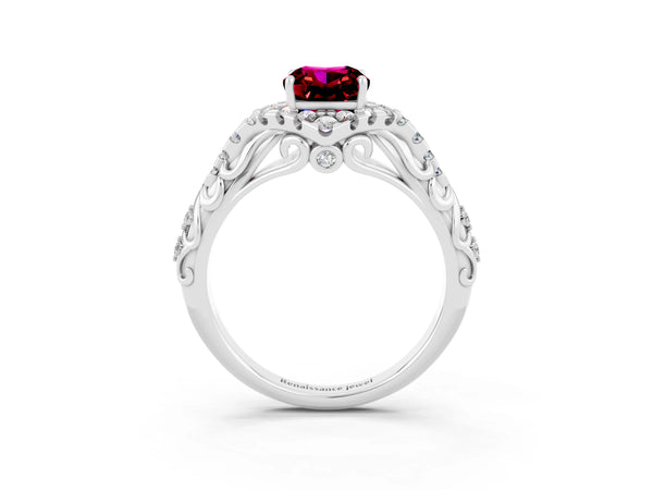 Platinum Cushion Cut Garnet Solitaire Ring with Hidden Halo and Pavé Band