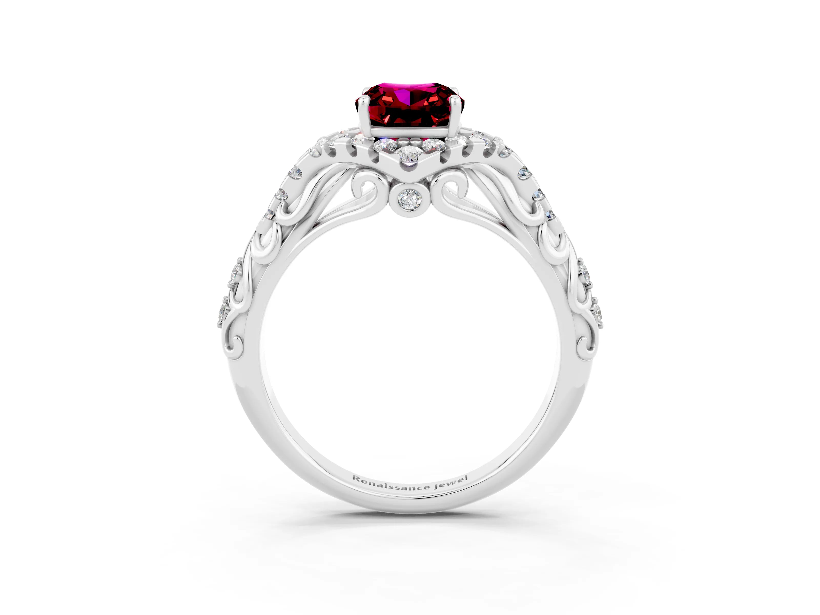 White gold Cushion Cut Garnet Solitaire Ring with Hidden Halo and Pavé Band_15