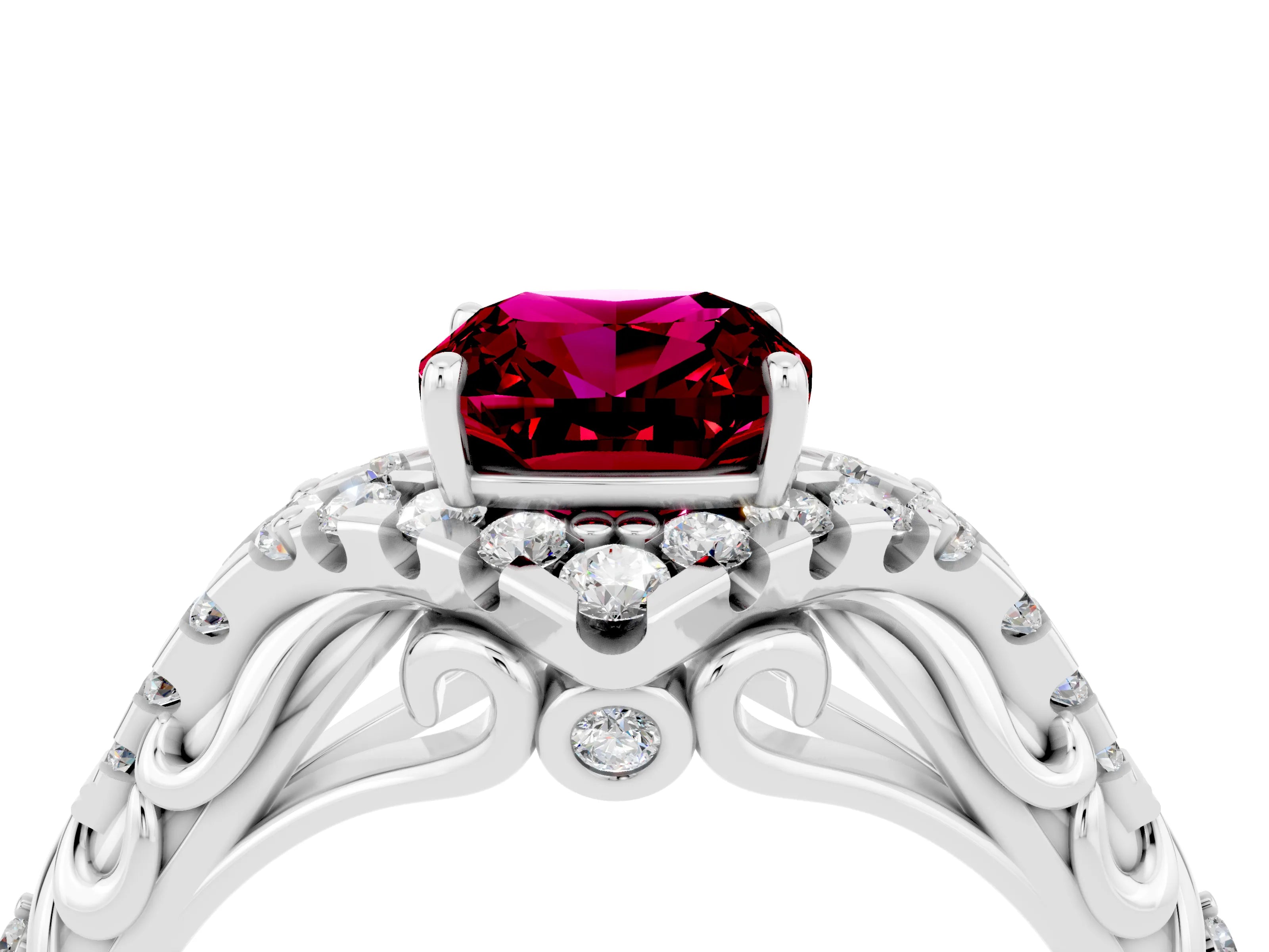 White gold Cushion Cut Garnet Solitaire Ring with Hidden Halo and Pavé Band_16