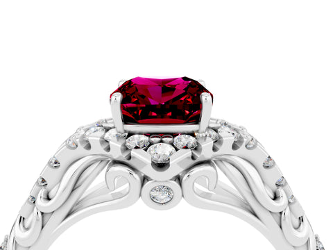 White gold Cushion Cut Garnet Solitaire Ring with Hidden Halo and Pavé Band_16