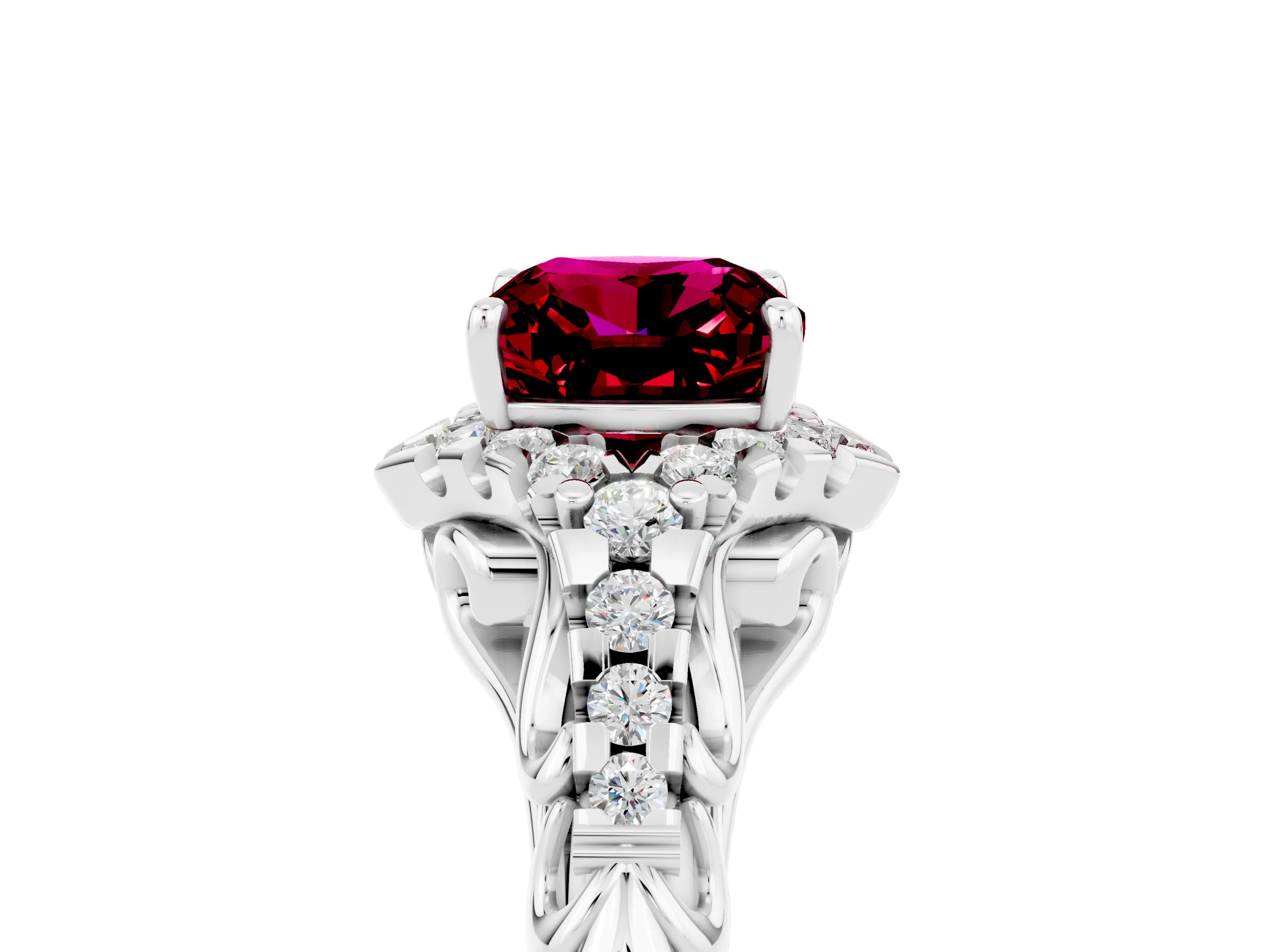 White gold Cushion Cut Garnet Solitaire Ring with Hidden Halo and Pavé Band_17