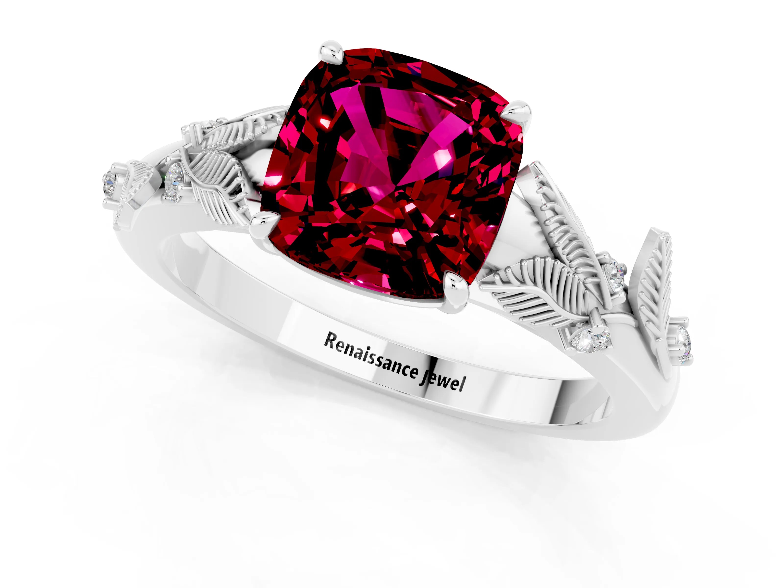 White gold Cushion Cut Garnet Solitaire Ring with Leaf Motif Band and Four-Prong Setting_12