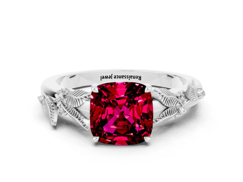 White gold Cushion Cut Garnet Solitaire Ring with Leaf Motif Band and Four-Prong Setting_12