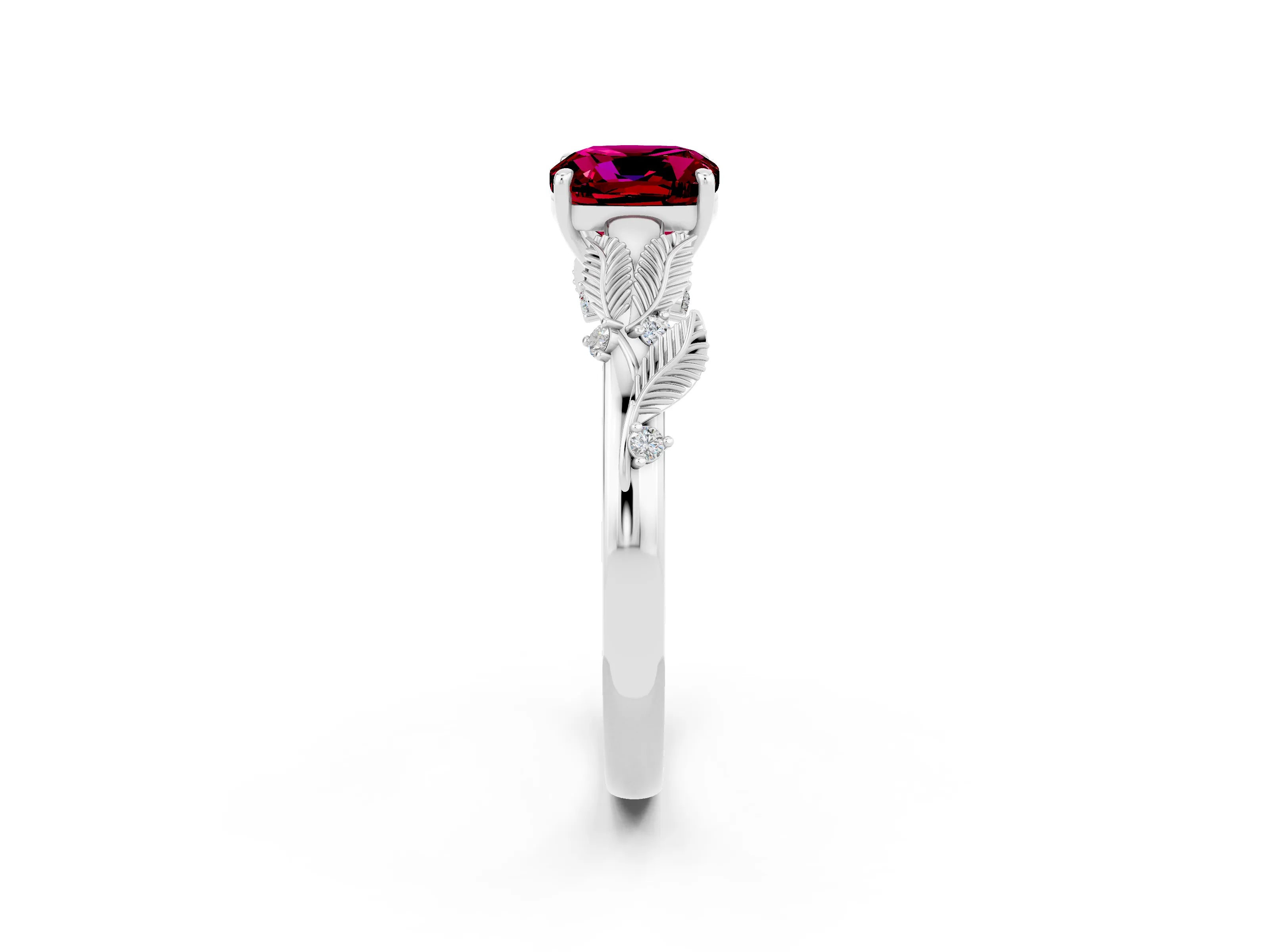 White gold Cushion Cut Garnet Solitaire Ring with Leaf Motif Band and Four-Prong Setting_13
