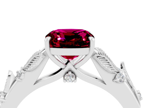 White gold Cushion Cut Garnet Solitaire Ring with Leaf Motif Band and Four-Prong Setting_15