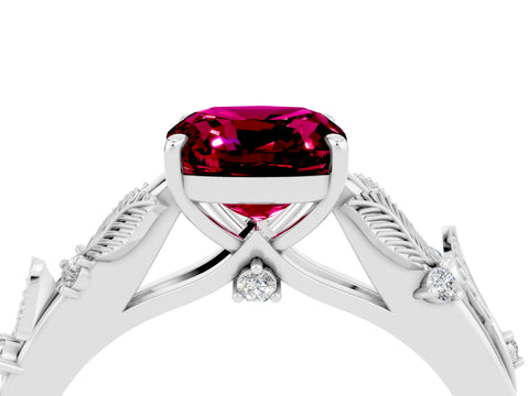 White gold Cushion Cut Garnet Solitaire Ring with Leaf Motif Band and Four-Prong Setting_16