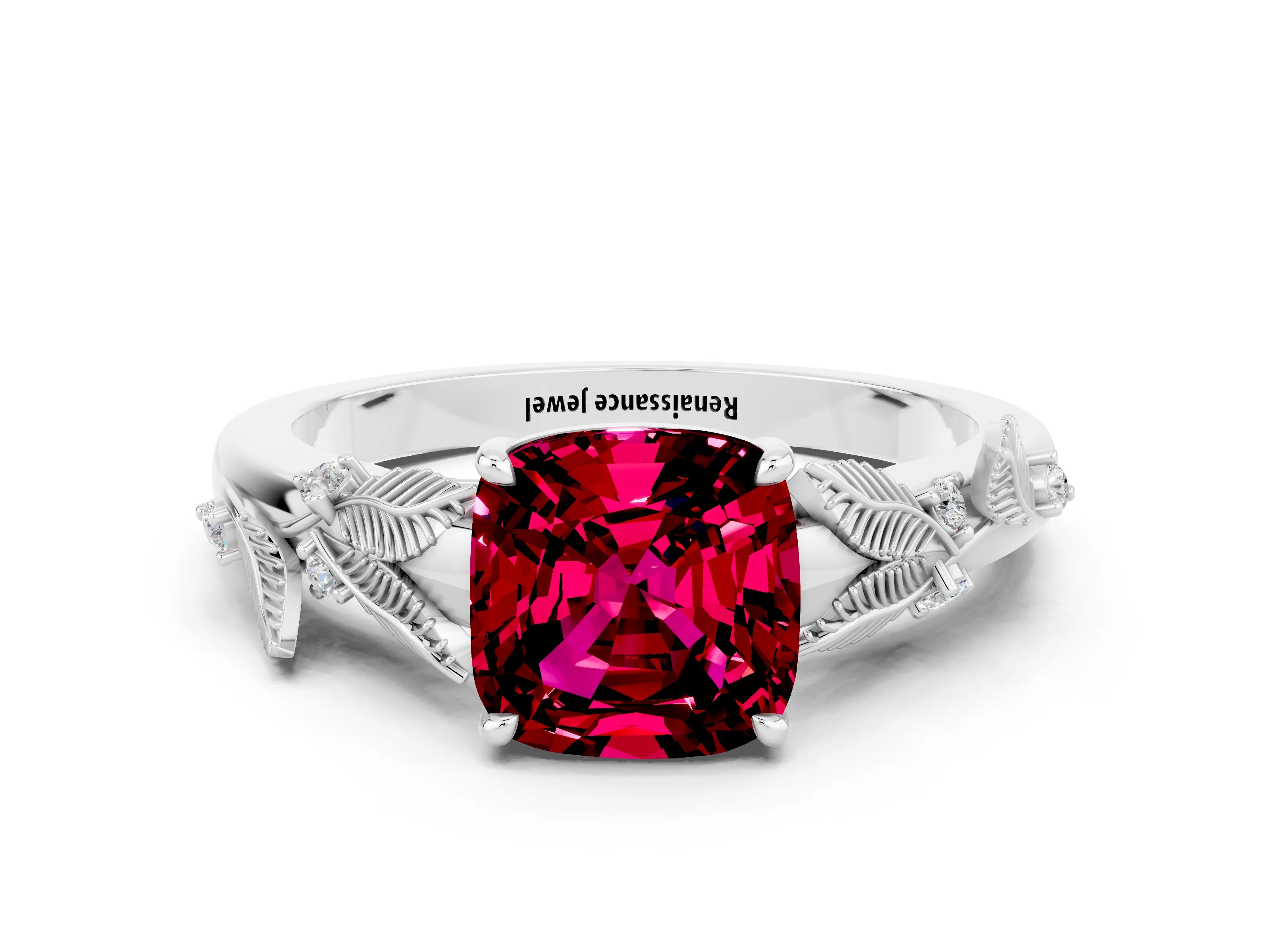 White gold Cushion Cut Garnet Solitaire Ring with Leaf Motif Band and Four-Prong Setting_18