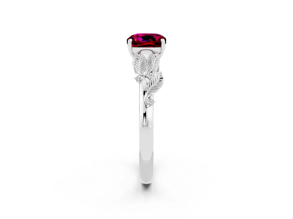 White gold Cushion Cut Garnet Solitaire Ring with Leaf Motif Band and Four-Prong Setting