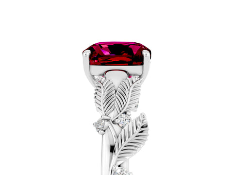 White gold Cushion Cut Garnet Solitaire Ring with Leaf Motif Band and Four-Prong Setting_23