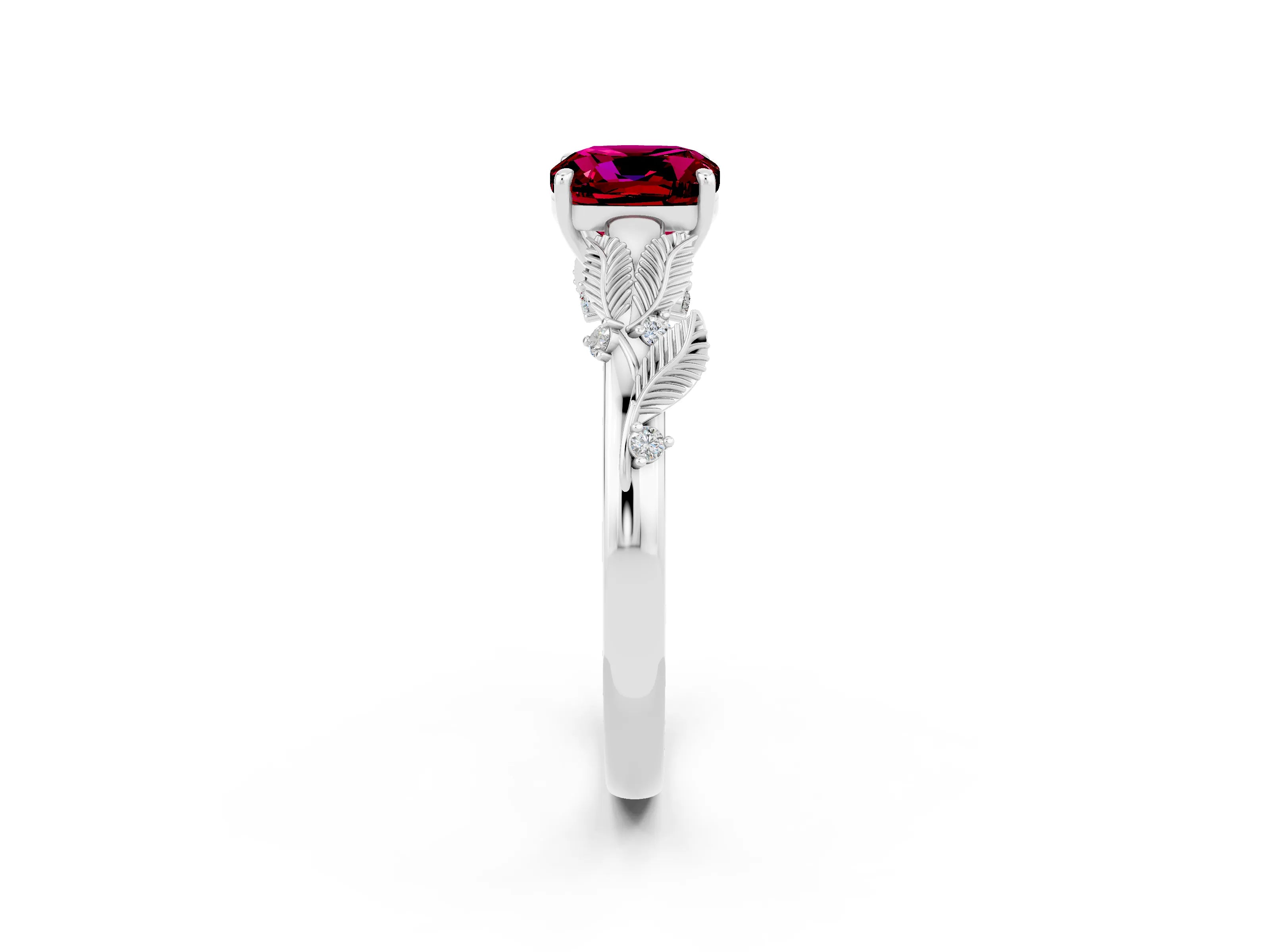 White gold Cushion Cut Garnet Solitaire Ring with Leaf Motif Band and Four-Prong Setting_25