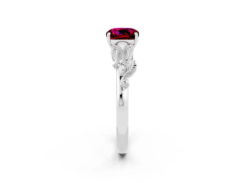 White gold Cushion Cut Garnet Solitaire Ring with Leaf Motif Band and Four-Prong Setting_25