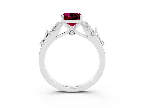White gold Cushion Cut Garnet Solitaire Ring with Leaf Motif Band and Four-Prong Setting_26
