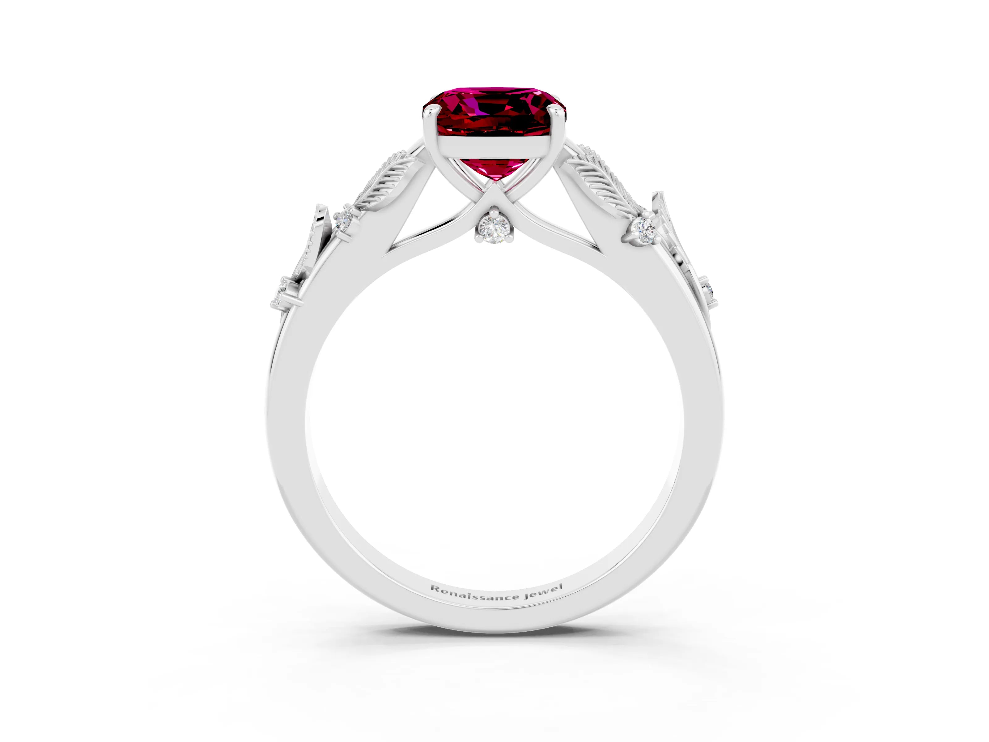 White gold Cushion Cut Garnet Solitaire Ring with Leaf Motif Band and Four-Prong Setting_3