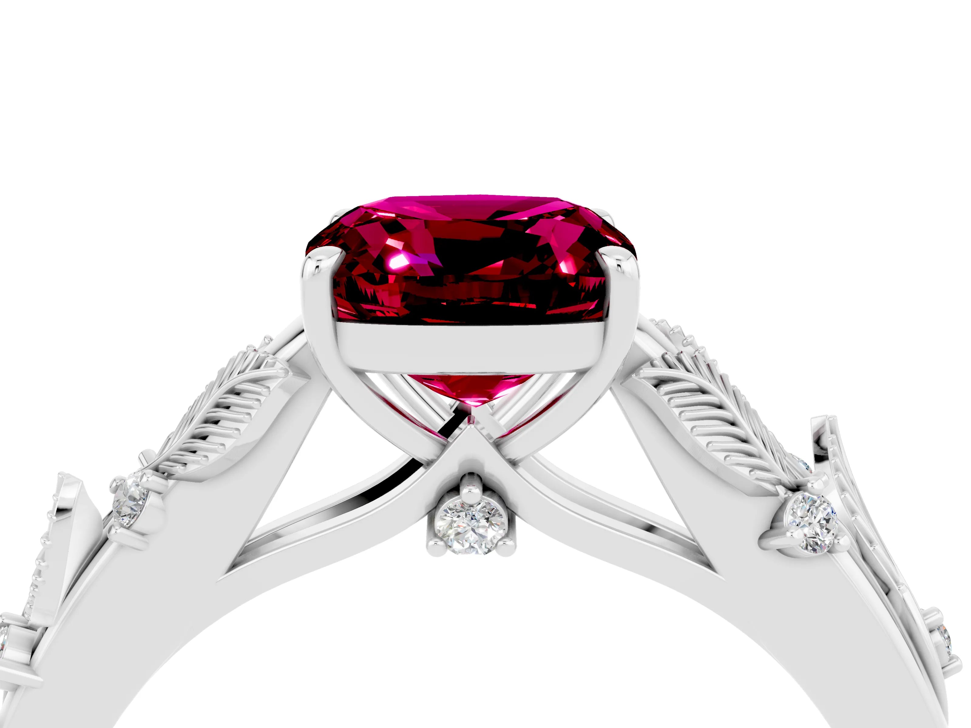 White gold Cushion Cut Garnet Solitaire Ring with Leaf Motif Band and Four-Prong Setting_4