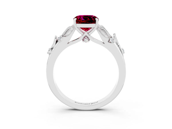 Silver Cushion Cut Garnet Solitaire Ring with Leaf Motif Band and Four-Prong Setting