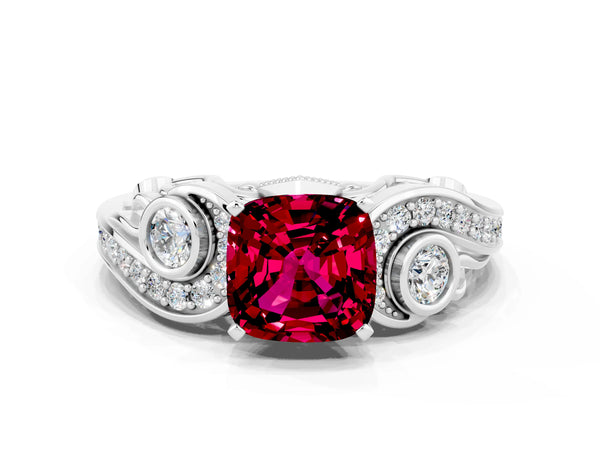 Platinum Cushion Cut Garnet Solitaire Ring with Milgrain Pavé Band and Four-Prong Setting