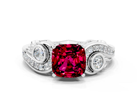 White gold Cushion Cut Garnet Solitaire Ring with Milgrain Pavé Band and Four-Prong Setting_12