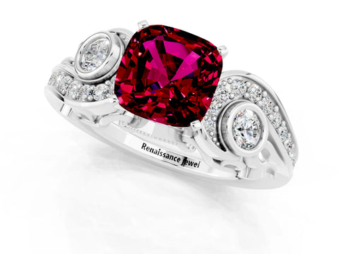 White gold Cushion Cut Garnet Solitaire Ring with Milgrain Pavé Band and Four-Prong Setting_13