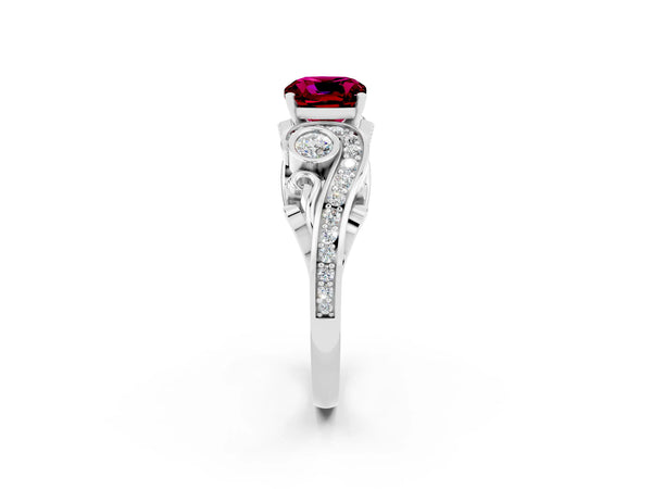 Platinum Cushion Cut Garnet Solitaire Ring with Milgrain Pavé Band and Four-Prong Setting