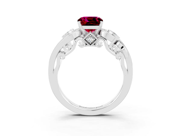Silver Cushion Cut Garnet Solitaire Ring with Milgrain Pavé Band and Four-Prong Setting