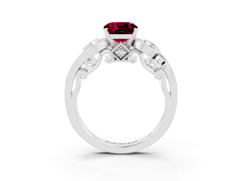 White gold Cushion Cut Garnet Solitaire Ring with Milgrain Pavé Band and Four-Prong Setting_15