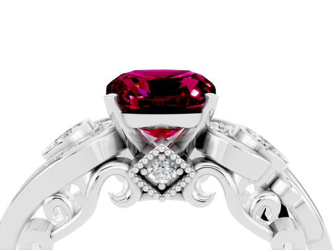 White gold Cushion Cut Garnet Solitaire Ring with Milgrain Pavé Band and Four-Prong Setting_16
