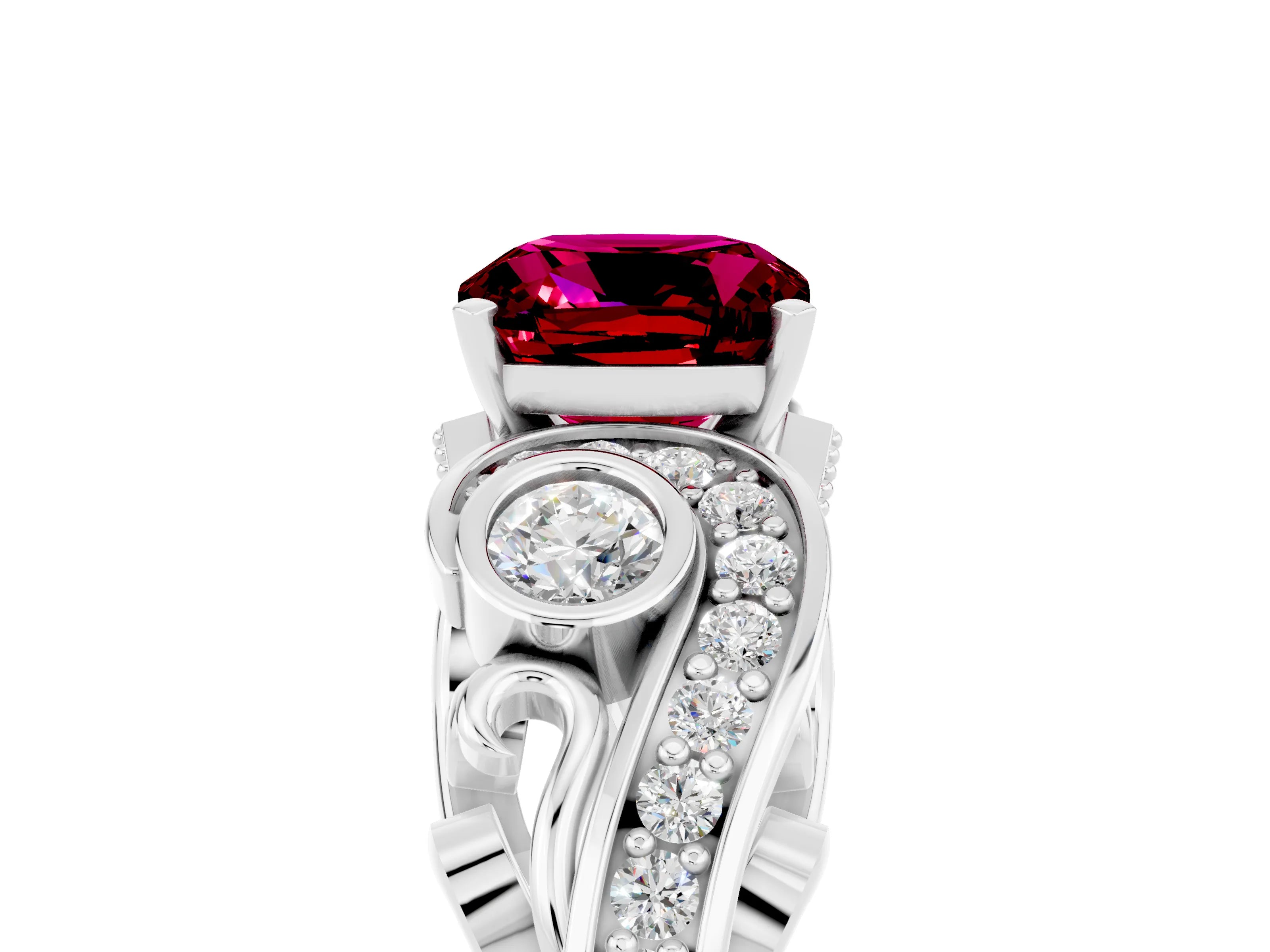 White gold Cushion Cut Garnet Solitaire Ring with Milgrain Pavé Band and Four-Prong Setting_17