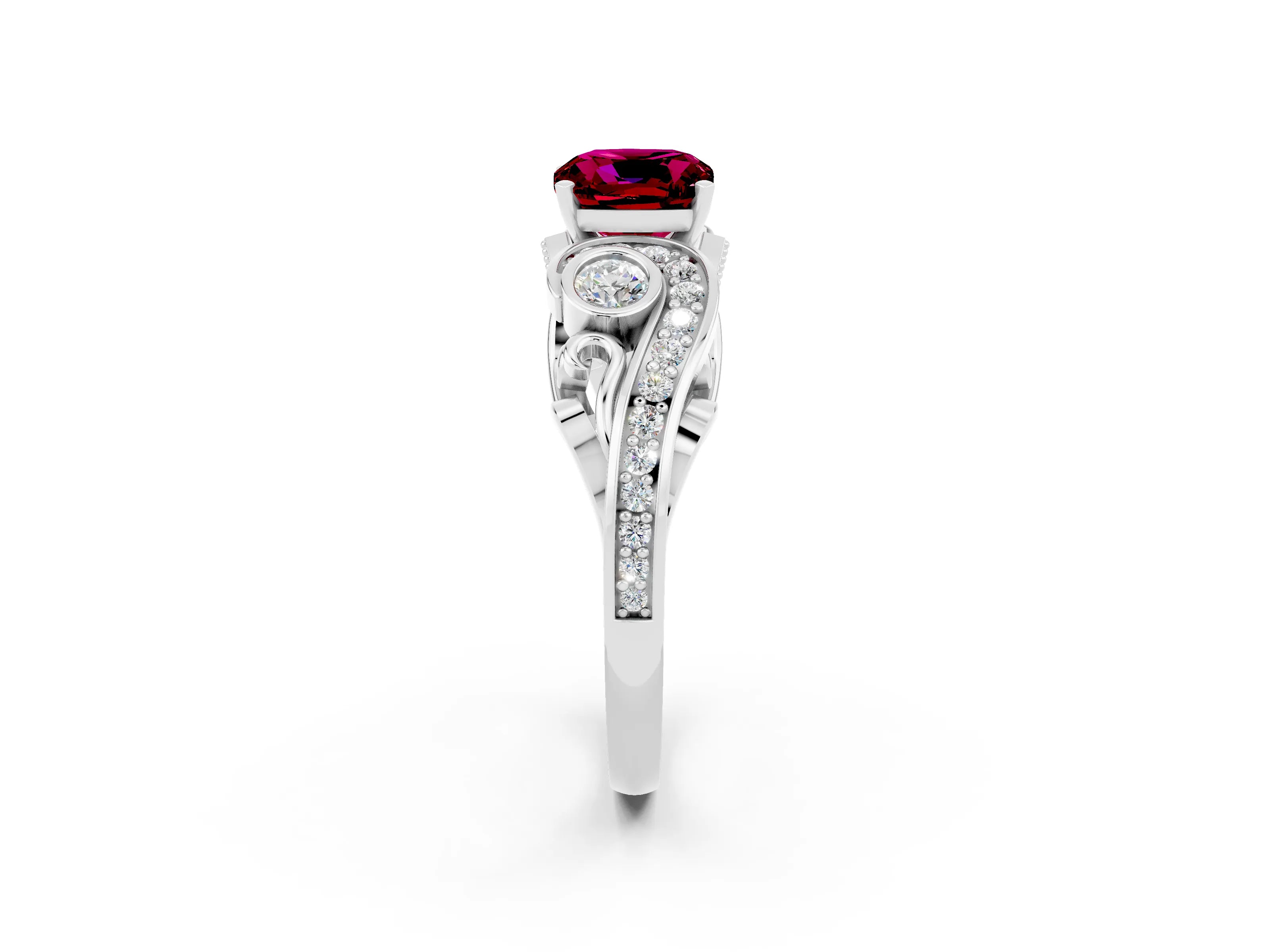 White gold Cushion Cut Garnet Solitaire Ring with Milgrain Pavé Band and Four-Prong Setting_50