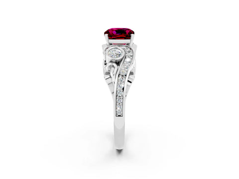 White gold Cushion Cut Garnet Solitaire Ring with Milgrain Pavé Band and Four-Prong Setting_50