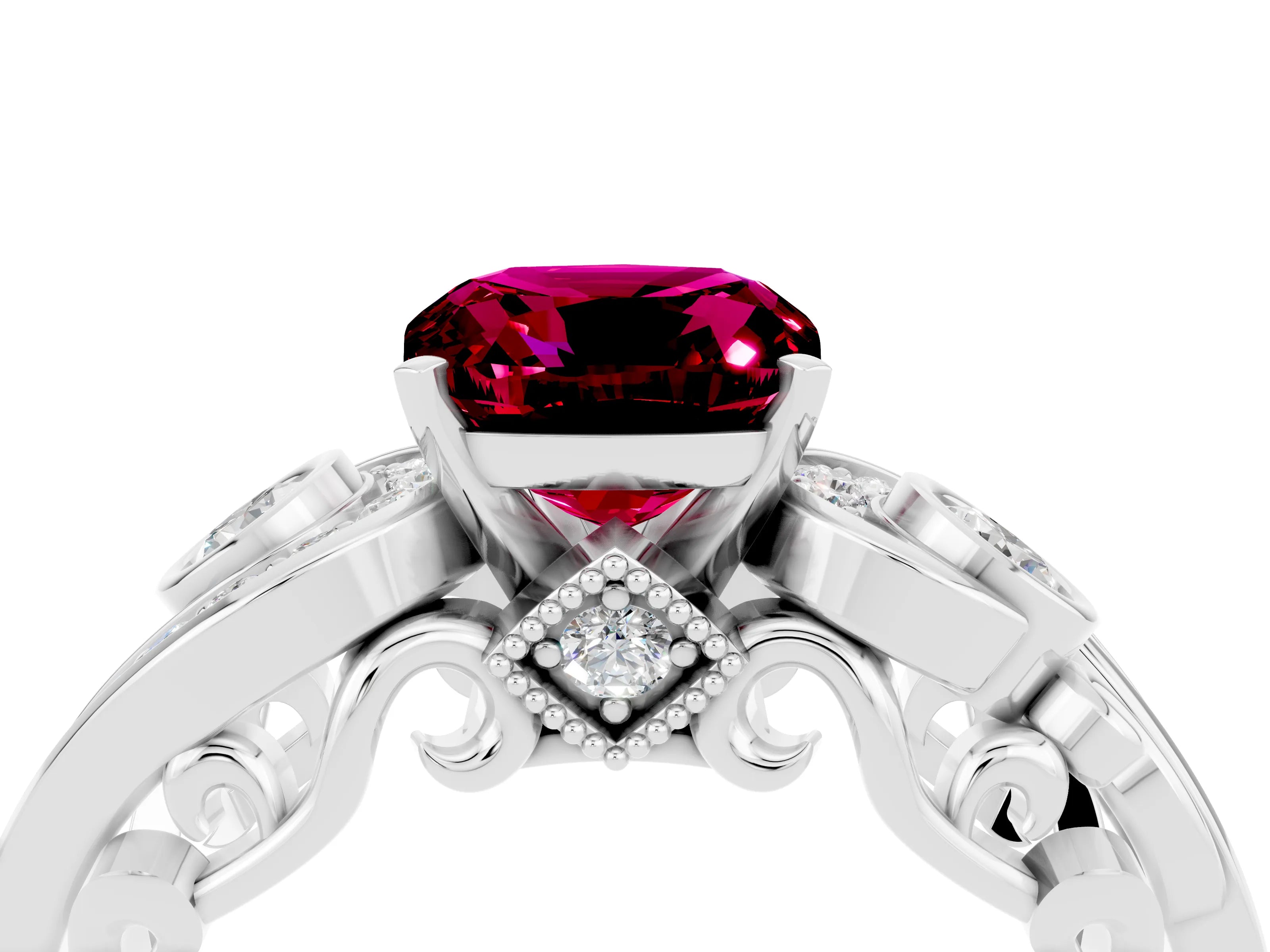 White gold Cushion Cut Garnet Solitaire Ring with Milgrain Pavé Band and Four-Prong Setting_52
