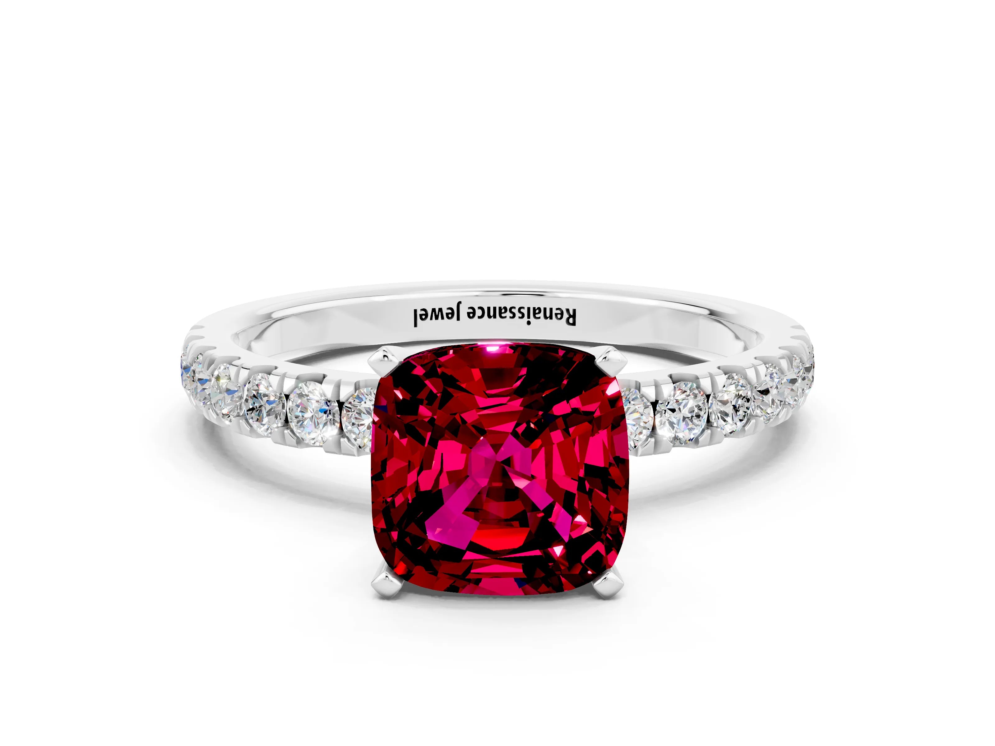 White gold Cushion Cut Garnet Solitaire Ring with Pavé Accents and Four-Prong Setting