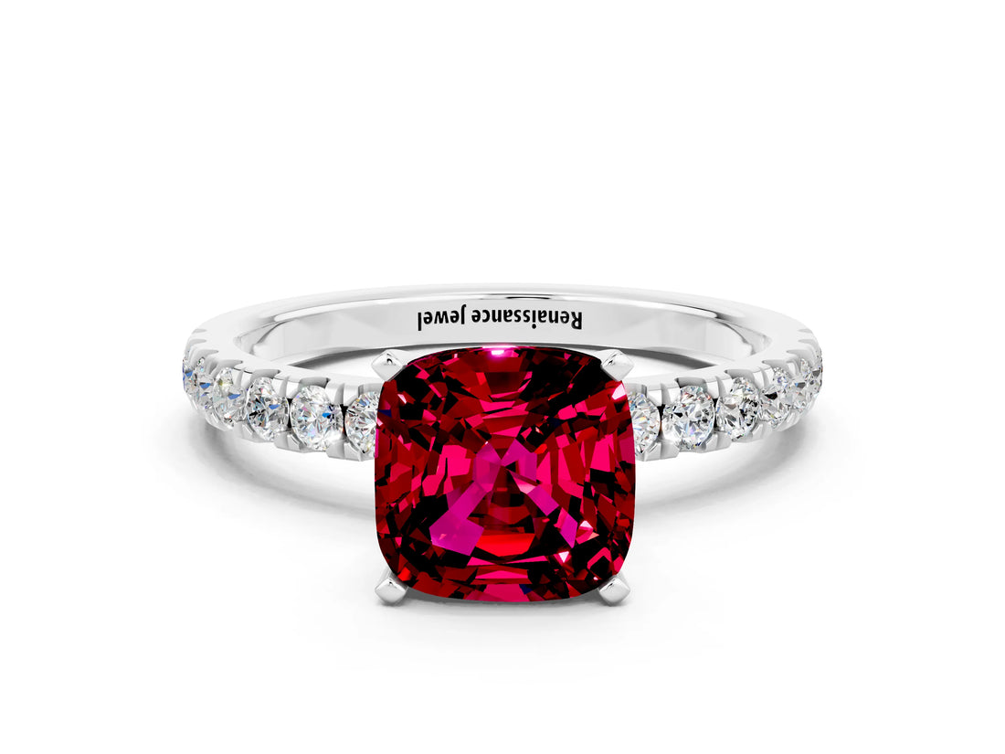 White gold Cushion Cut Garnet Solitaire Ring with Pavé Accents and Four-Prong Setting