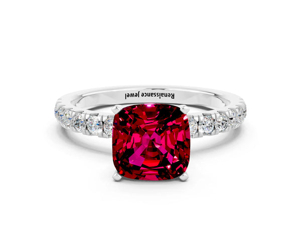 Platinum Cushion Cut Garnet Solitaire Ring with Pavé Accents and Four-Prong Setting