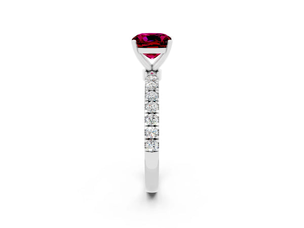 Platinum Cushion Cut Garnet Solitaire Ring with Pavé Accents and Four-Prong Setting