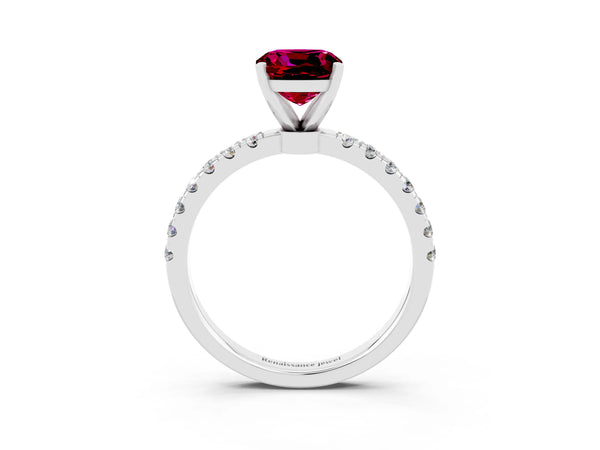 White gold Cushion Cut Garnet Solitaire Ring with Pavé Accents and Four-Prong Setting
