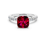 White gold Cushion Cut Garnet Solitaire Ring with Pavé Accents and Four-Prong Setting