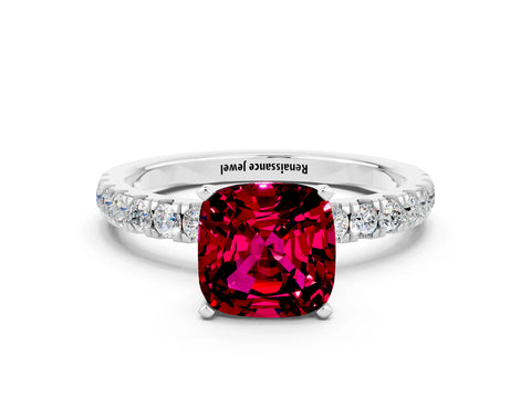 White gold Cushion Cut Garnet Solitaire Ring with Pavé Accents and Four-Prong Setting