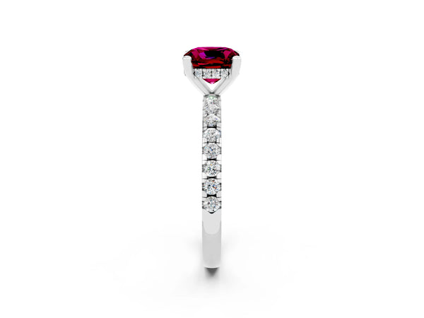 Platinum Cushion Cut Garnet Solitaire Ring with Round  Pavé Band and Four-Prong Setting