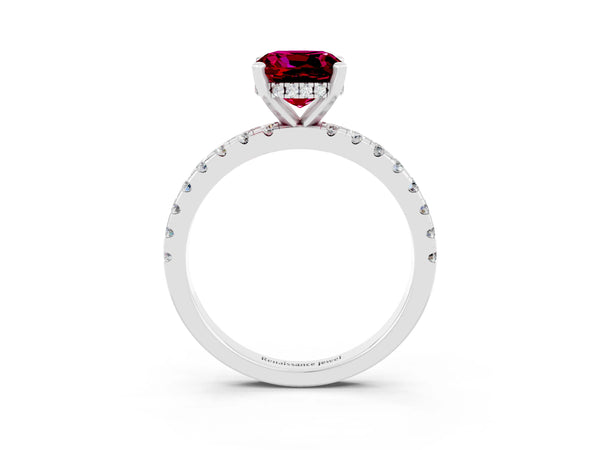 Silver Cushion Cut Garnet Solitaire Ring with Round  Pavé Band and Four-Prong Setting