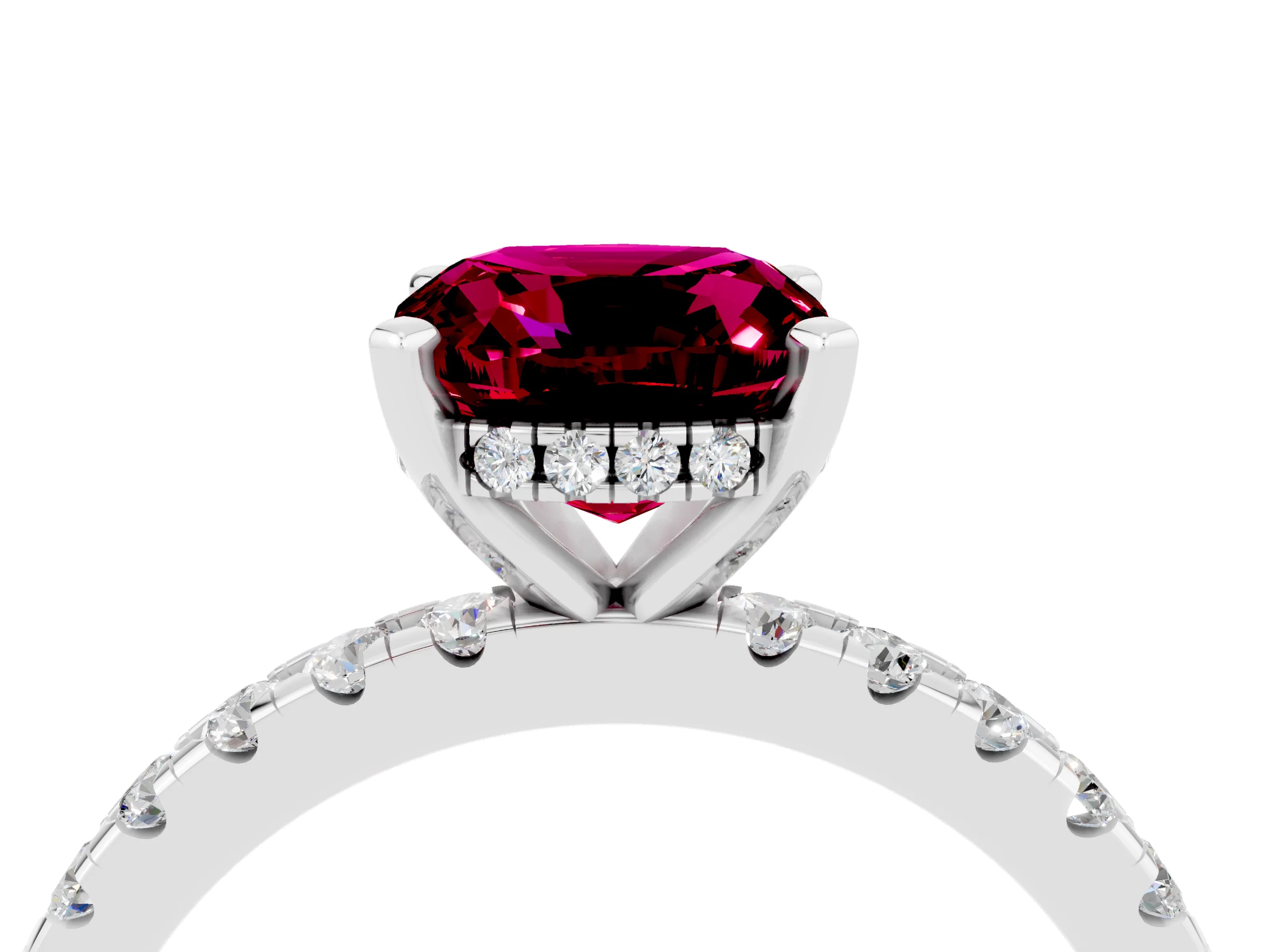 White gold Cushion Cut Garnet Solitaire Ring with Pavé Band and Four-Prong Setting_28