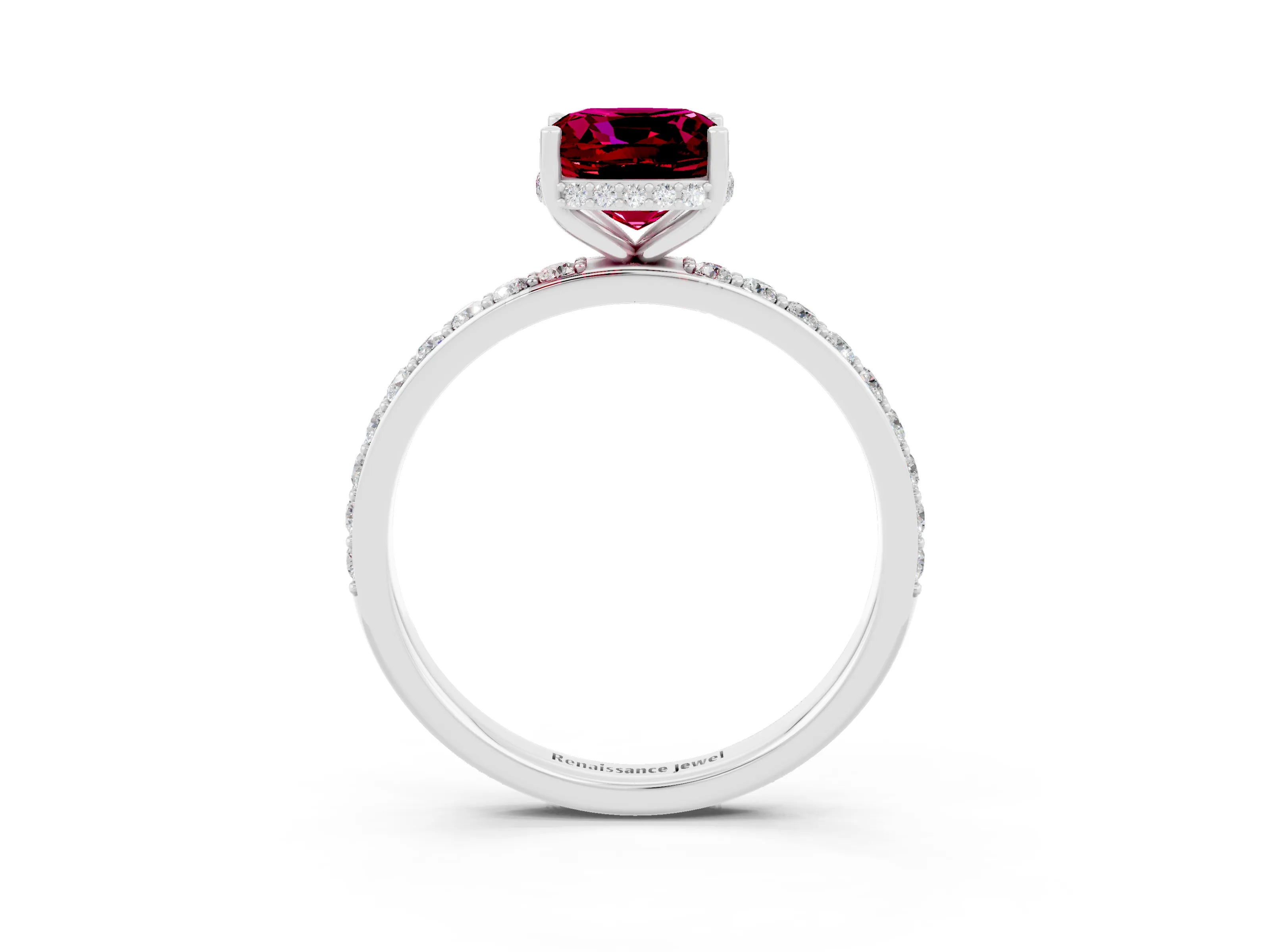 White gold Cushion Cut Garnet Solitaire Ring with Pavé Band and Hidden Halo_10