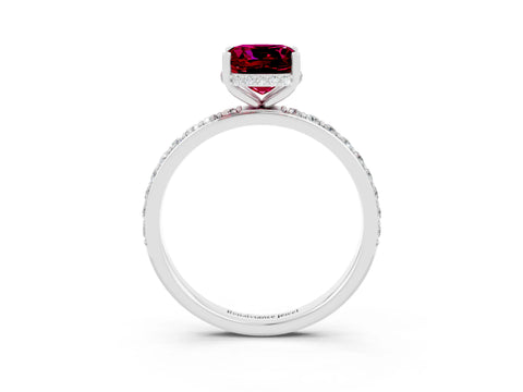 White gold Cushion Cut Garnet Solitaire Ring with Pavé Band and Hidden Halo_10