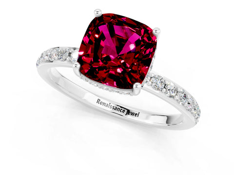 White gold Cushion Cut Garnet Solitaire Ring with Pavé Band and Hidden Halo_13