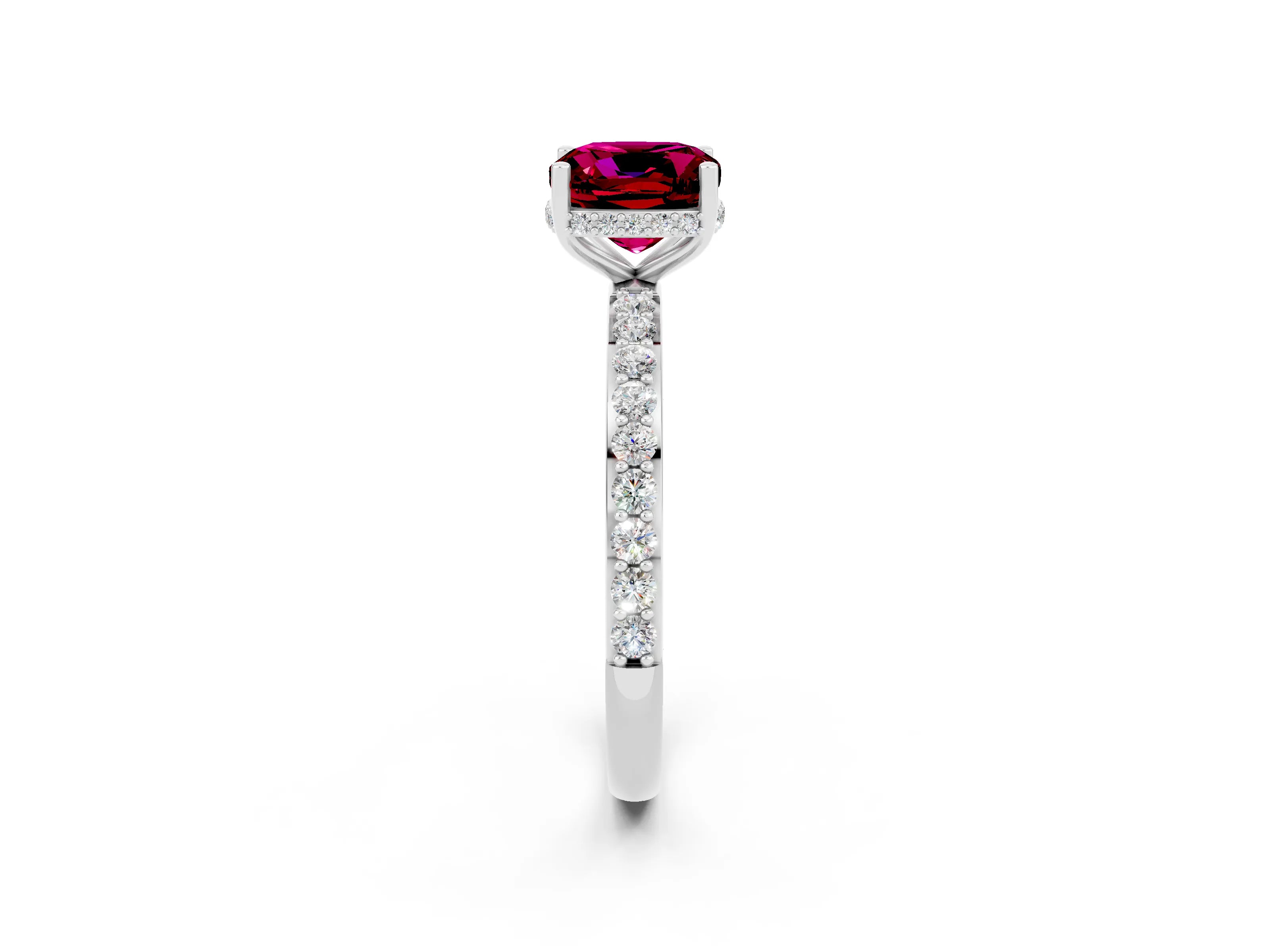 White gold Cushion Cut Garnet Solitaire Ring with Pavé Band and Hidden Halo_14
